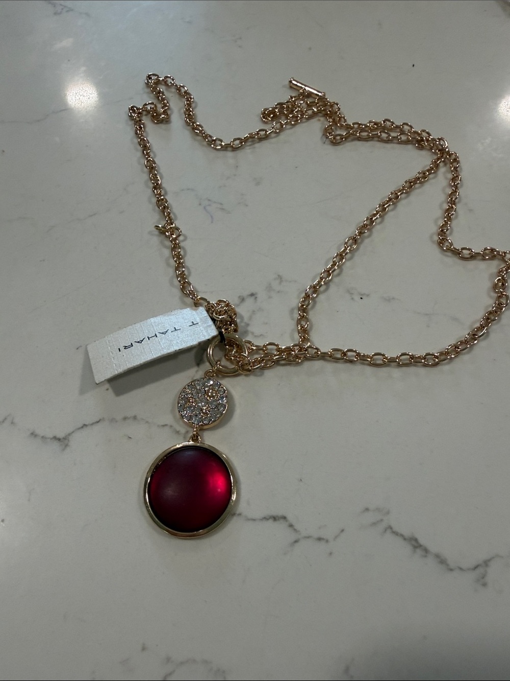 Tahari Gold-Tone Necklace with Deep Red Pendant and Crystal Accent